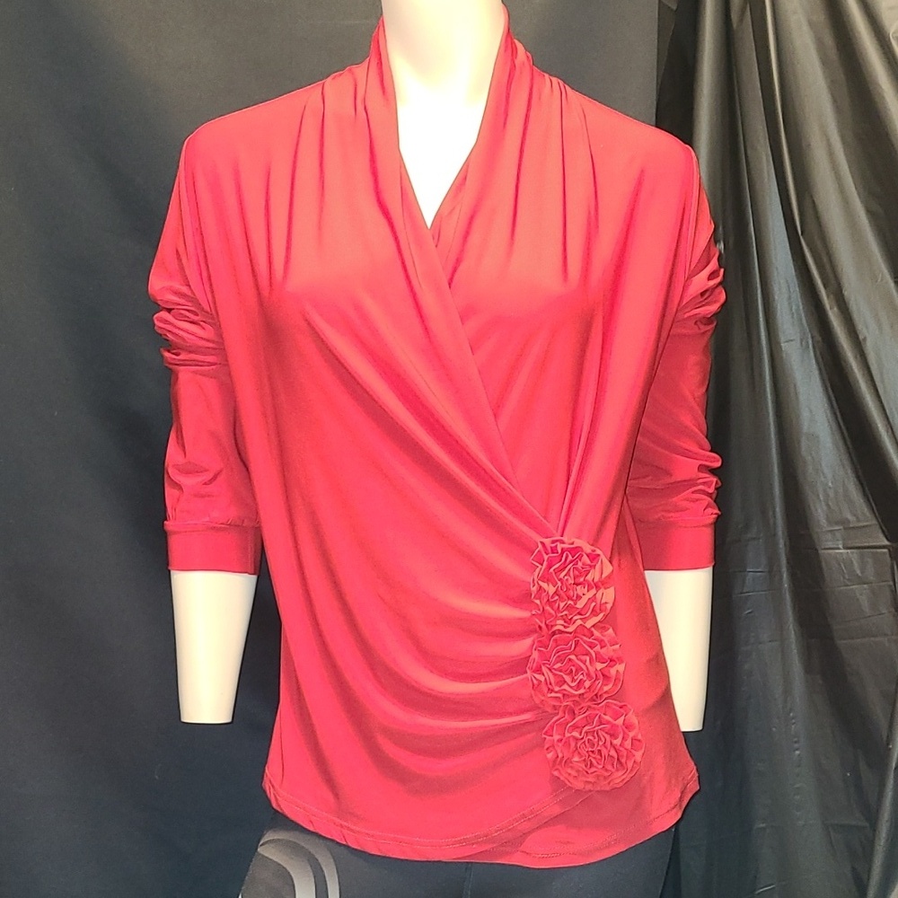 Red Blouse Cross Over V Neck With Flower Accents. No Tags